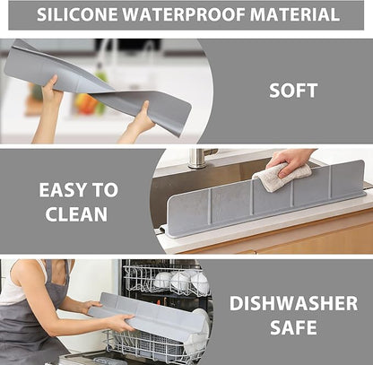 23Inch Sink Splash Guard – Extended Length & Tall Silicone Kitchen Sink Splash Guard with Overhang Drainage Design, High Splash Wall & Strong Suction Cups for Countertop (Grey, 23''x3.5'')