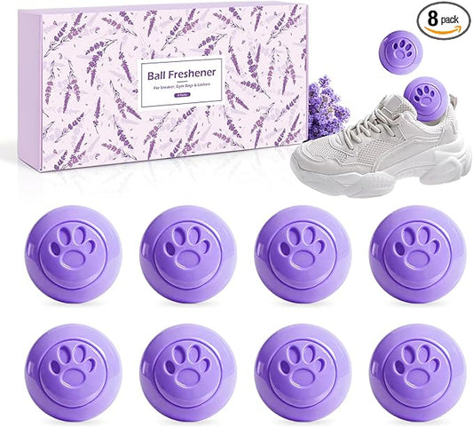 SCENTORINI Shoe Deodorizer Balls, 8 Pack Lavender Scent Sneaker Deodorizer Balls, Odor Eliminator for Smell Shoes Boots, Long Lasting Shoe Freshener for Gym Bags, Drawers and Small Spaces