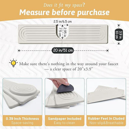 20'' Wider New Upgrade Faucet Mat for Kitchen Sink with U-Shape Hole, Super Fast Drying Diatomite Stone Mat, Sink Splash Guard Draining Mat Around Faucet for Island Countertops, Ash Grey