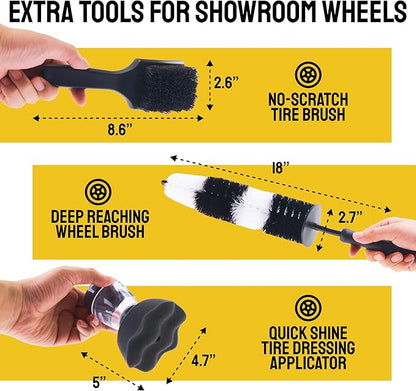 Car Detailing Brush Set 9-Pack - Boars Hair Brushes with Tire and Wheel Brush Plus Tire Dressing Applicator - Soft Bristle Car Detailing Kit for Interior, Exterior and Wheels - Detail Dudes