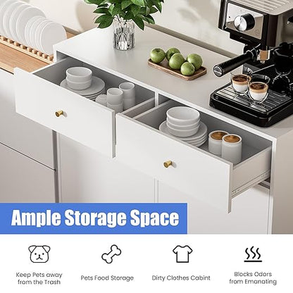 Housoul Double Tilt Out Trash Can Cabinet with 2 Drawers, Trash Storage Cabinet, Hidden Garbage Bin, Free Standing Laundry Sorter Organizer for Kitchen Dining Living Room, Bathroom, White