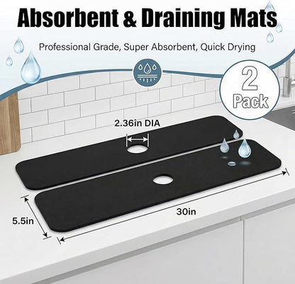 Cuttable Kitchen Sink Faucet Mat: 2PCS 30"Lx5.5"W DIY Splash Guard for Irregular Sink 2, 3 holes, Soap Dispenser & Air Gap - Bathroom Counter Protector Drip Catcher with Pre-Cut Center Hole, Black