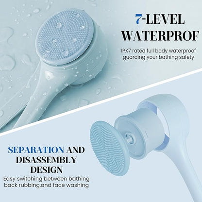 Electric Body Brush Back Scrubber for Shower，5 Replaceable Heads and Hook,Waterproof Long Dual Handle Power Body Scrubber 2 Speeds, for Cleansing Body, Exfoliating and Massaging Skin.