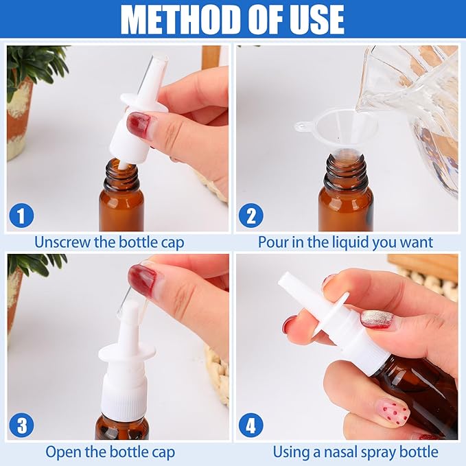 20 Pcs Nasal Spray Bottle, 10ML/0.35OZ 12Pcs Glass Brown Nasal Spray Bottles Empty with 4 Funnels and 4 Labels