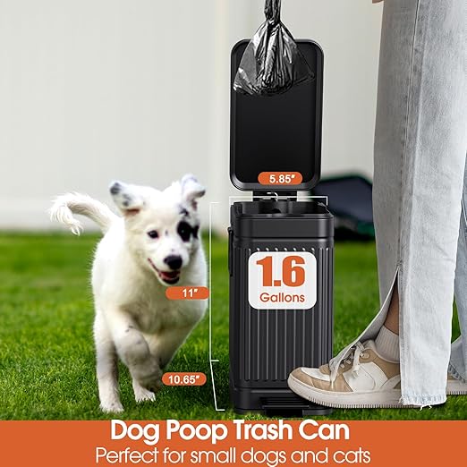 Small Trash Can with Lid Soft Close-6L/1.6 Gal Stainless Steel Outdoor Dog Poop Garbage Can-Metal Waste Bins with Pedal for Bathroom Bedroom Office-Black