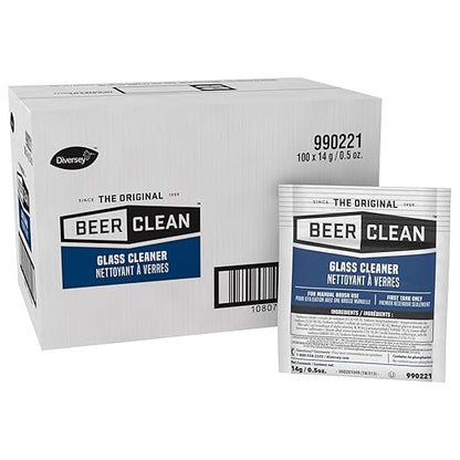 BEER CLEAN Diversey 990221 Glass Cleaner for Manual Brushing, Portion Control Bar Glass Washing Powder, Unscented, Packet, 0.5-Ounce (Pack of 100)