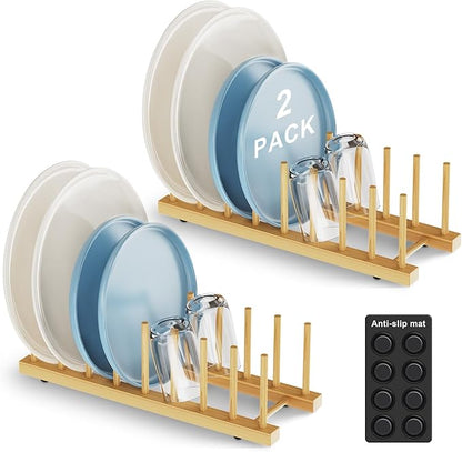 Bamboo Dish Drying Rack for Kitchen Organizer-Sturdy Plate Rack Organizer with Natural Bamboo, Dish Rack Holds Plates, Cups & Cutting Boards-Dish Drying Rack for Countertop & Cabinets（2 Pack）