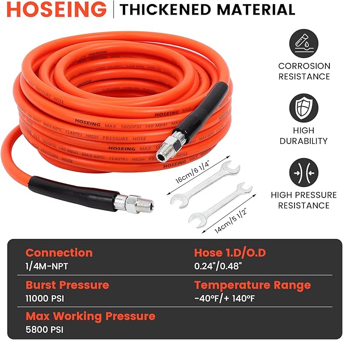 50FT Sewer Jetter Kit for Pressure Washer, 5800 PSI Water Jet Drain Cleaner Hose With Corner Rotating Button Nose Nozzle, 1/4 Inch NPT, Spanner Handle and Strap