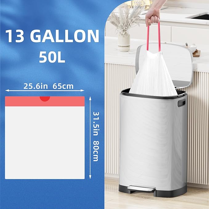 KdbK 13.2 Gallon Tall Kitchen Drawstring Trash Bags, 120 Count Pre-separated Garbage Bags, Unscented, Leak Proof, Waste Bag for Kitchen, Office, Home