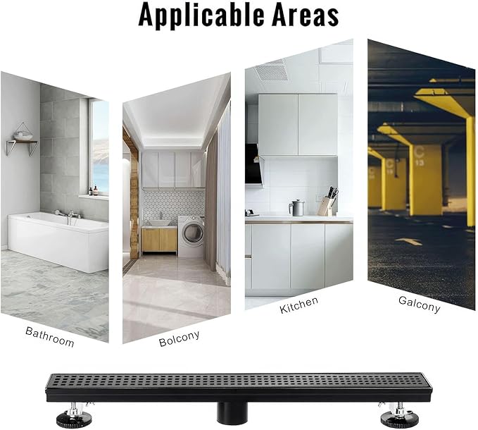 SaniteModar Linear Shower Drain, Matte Black Shower Drain 60 inch with Removable Grate,Brushed 304 Stainless Steel Shower Drain Include Hair Strainer,Adjustable Leveling Feet