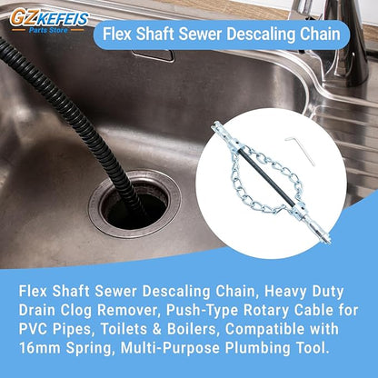 Flex‑Shaft Sewer Descaling Chain, Push-Type Rotary Cable for PVC Pipes, Toilets & Boilers, Compatible with 16mm Spring, Multi-Purpose Plumbing Tool