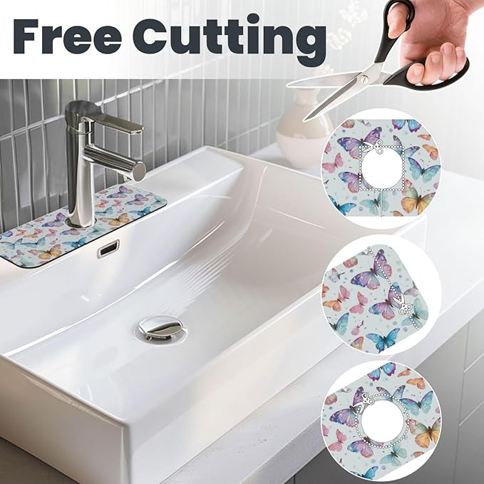 Butterfly Butterflies Kitchen Sink Splash Guard Faucet Mat Super Absorbent Fast Drying Mat Sink Gadgets-Fast Drying Pad Sink Mat For Kitchen Bathroom (15" X 5.5" )