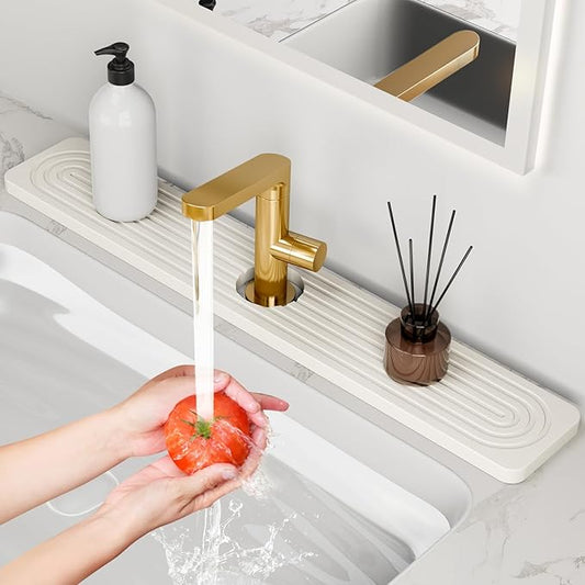 24'' Longer Stone Faucet Mat for Kitchen Sink [Super Absorbent, 30s Quick Drying] Water Absorbing Stone Tray for Sink Stone Mat for Kitchen Sink Stone Quick Dry Around Faucet Diatomite Stone Sink Tray