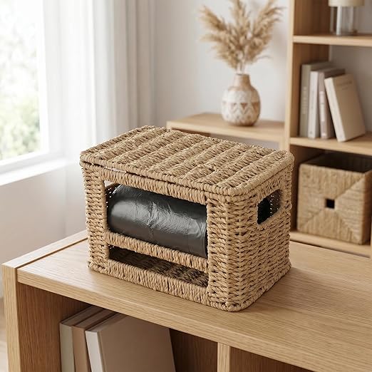 Paper Rope Trash Bag Holder Dispenser – Rustic Kitchen Cabinet Organizer Box with Lid for Garbage Bags, Grocery Bags & Pantry Supplies, Multi-Purpose Storage for Home