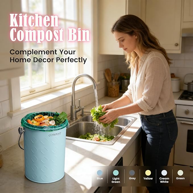 AOSION Countertop Compost Bin Kitchen,Odorless Indoor Compost Bin with Lid,Farmhouse Composter Container for Food Waste,Includes 2 Carbon Filters, Small Compost Bucket,Trash Bags (Modern, Blue)