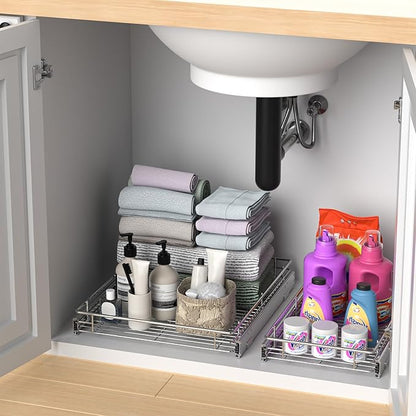 ZOINLIY Pull Out Cabinet Organizer, Versatile Slide Out Kitchen Organizers and Storage,Heavy Duty Drawer Cupboard Storage Basket, Smooth Sliding, Chrome Finish (26.8 * 21inch)