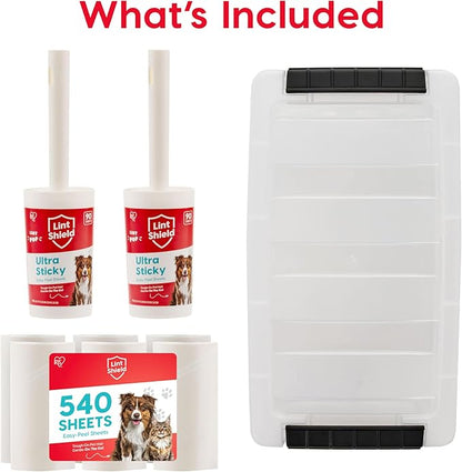 IRIS USA Extra Sticky Lint Roller, Standard Pack Comes with Storage Box and Refills, 90 Sheets/Roll, 720 Sheets Total, Easy Tear Lint Remover for Dog Cat Pet Hair On Clothes, Couch, Bed, Floor