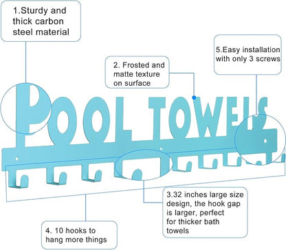 IBosins Large Pool Towel Rack with 10 Hooks, Towel Holder Wall Mounted for Outdoor, Towel Hanger for Hanging Bathrobes, Towels, Clothes - Perfect Pool Area Outside Sign and Decor (Blue)