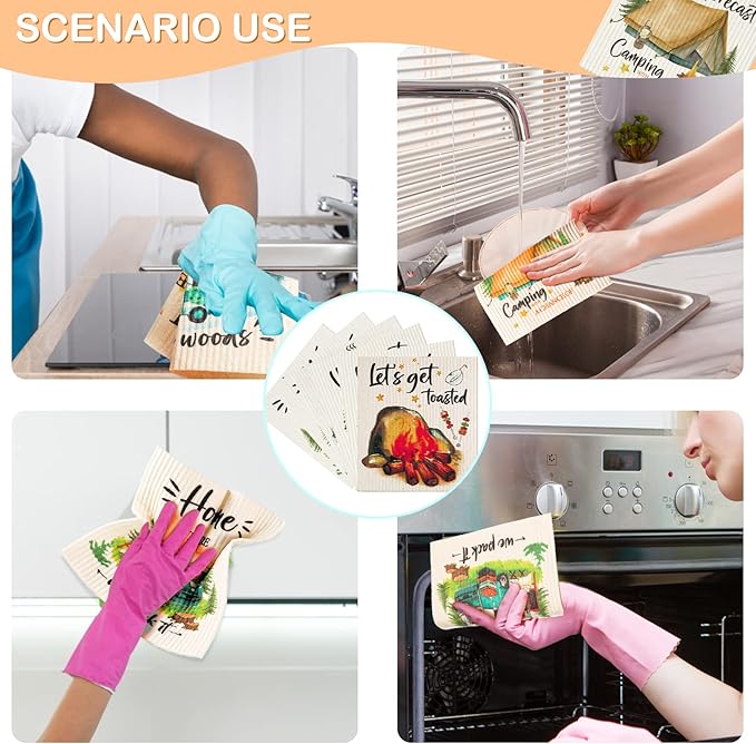 Cunhill 6 Pcs Swedish Kitchen Dish Cloths Kitchen Towels Reusable Sponge Cleaning Cloths Wipes Absorbent Dish Cloth Quick Drying Washable Decorative Tea Towels No Odor Bar Hand Towel (Camping)
