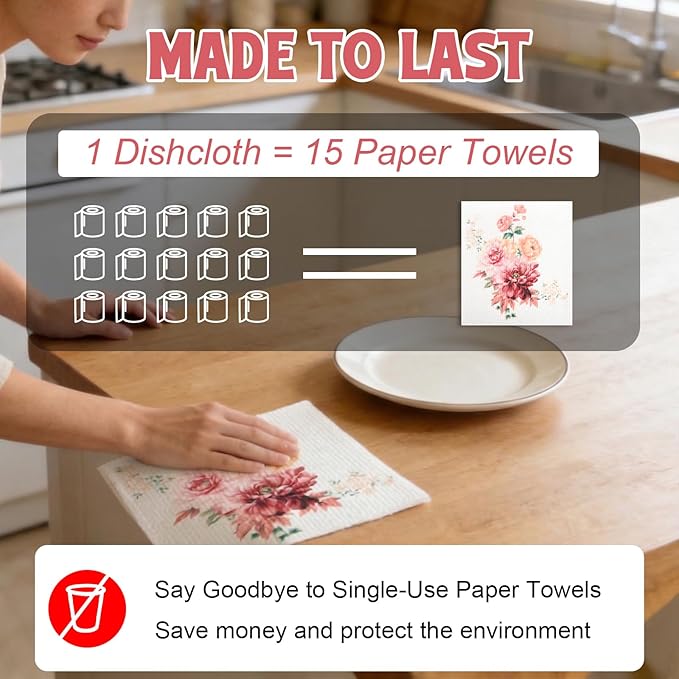 Swedish Dishcloths for Kitchen 6 Pack, Swedish Dish Cloths, Reusable Paper Towels, Washable Kitchen Cloth, 100% Biodegradable, Super Absorbent, Quick Drying