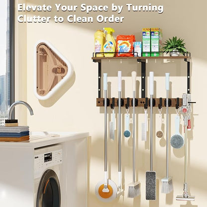 Mop Holder Wall Mount with Cleaning Supplies Organizer, Wood Mop and Broom Hanger Rack Organizer with Anti-Fall Wall Shelf with 5 Clips & Hooks for Garage Laundry Room Organization, Brown