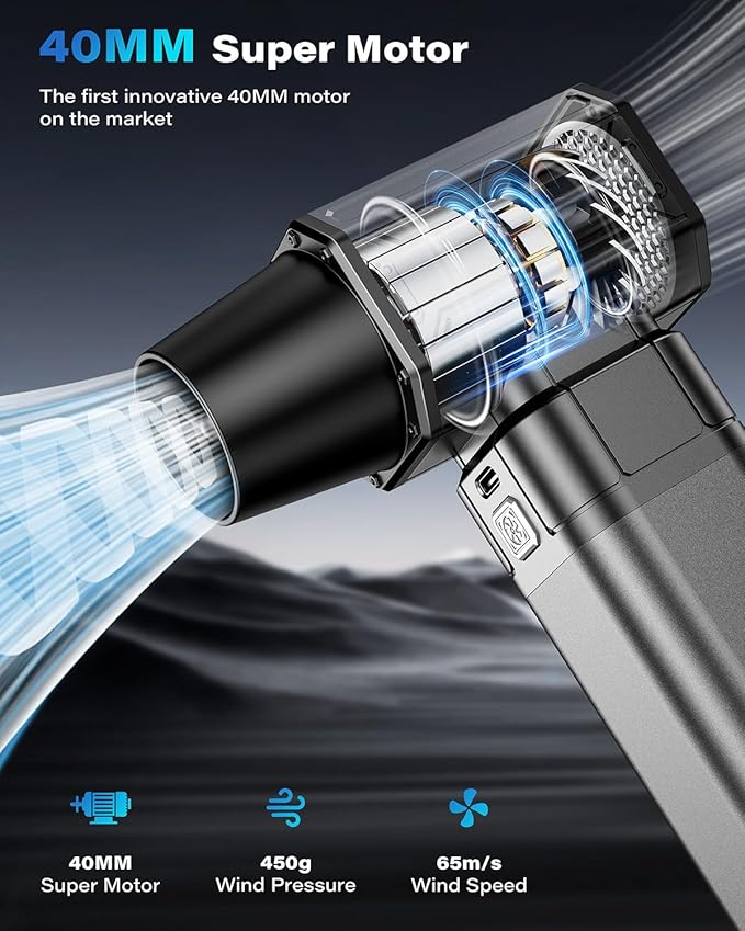 OQTIQ Electric Air Duster-Upgrade 40mm Big Motor for 150000RPM, Compressed Air Duster with 450g Wind Pressure, 4-Gear Adjustable Cordless Air Blower for Computer, Keyboard, Home Clean, Outdoor and Car