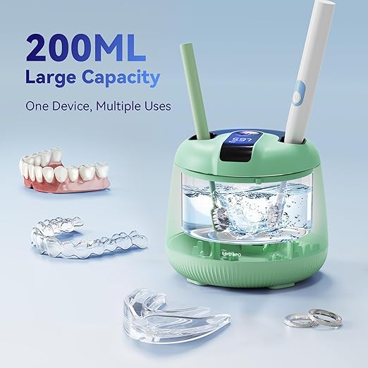 Ultrasonic Retainer Cleaner Machine 48kHz, Dental Cleaning Pod, Ultrasonic Retainer Cleaner for Dentures, Aligners, Mouth Guards, Toothbrush Heads and Jewelry with 200ML Capacity, LAB Supply