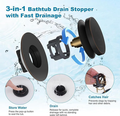 Hibbent 2 Pack 3 in 1 Metal Bathtub Drain Stopper, Universal Pop Up Tub Stopper with Removable Filter Basket, Bathtub Hair Catcher for 1.5''~2.4'' Drain, Brass Bullet Core, Oil-Rubbed Bronze