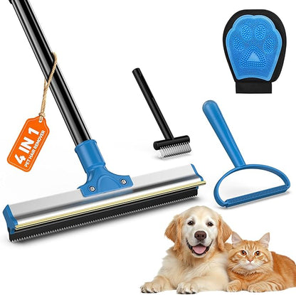 4-in-1 Pet Hair Removal Tool Set - Dual-Head Carpet Rake & Floor Scraper, Small Carpet Scraper, Pet Hair Glove, Matted Hair Rake for Dogs & Cats, Multi-Scene Pet Supplies for Sofa, Carpet, Floor,Blue