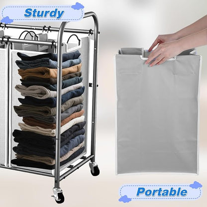 SHENLIU 3 Bag Laundry Sorter Replacement Bags, 21"H×15"L×9"W Large Gray Hamper Cart Removable Laundry Storage Organizer Bag Hamper Liner with 6Pcs Hangers and Carry Handle