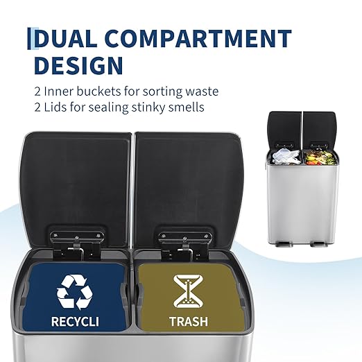 Garvee 16 Gal Dual Trash Can for Kitchen, Stainless Steel Garbage Can with Soft-Close Lids & Pedals, 60L Double Compartment Recycling Bin with Removable Inner Buckets for Office Commercial Use, Silver