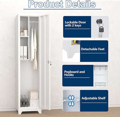 Broom Closet Storage Cabinet,65" H Slim Tool Cabinets with Locking Door and 2 Shelves,Utility Cabinet with Hanging Rod and Hooks for Home Office,White