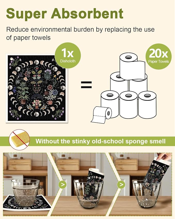 Miss Adola 6 Pack Swedish Dishcloths for Kitchen - Reusable Dish Cloths for Washing Dishes Absorbent Cute Funny Kitchen Towels Cleaning Sponge, Moon Butterfly