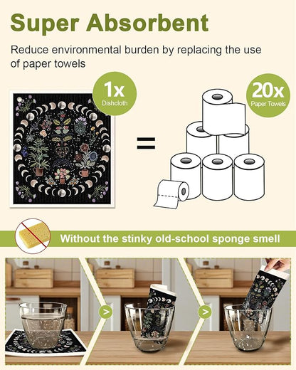 Miss Adola 6 Pack Swedish Dishcloths for Kitchen - Reusable Dish Cloths for Washing Dishes Absorbent Cute Funny Kitchen Towels Cleaning Sponge, Moon Butterfly