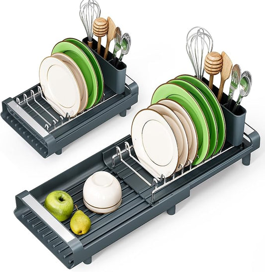 TOOLF Small Dish Drying Rack, Mini Expandable Compact Dish Rack, Slim Extendable Stainless Steel Dish Drainer for Kitchen Countertop, Space Saving Dish Strainer, Dark Slate Gray