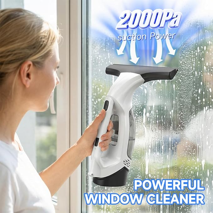 Window Vacuum Cleaner, Cordless Electric Window Cleaner with 2000Pa Streak-Free Suction, 30–40" Extension Pole, 11-Inch Squeegee Tool for High Windows, Shower Glass, Tiles & Mirrors