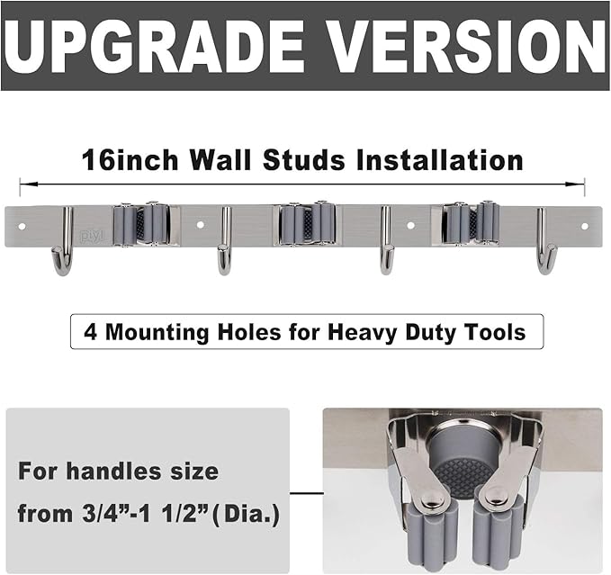 Broom Mop Holder Wall Mount Broom Hanger Wall Mounted Metal Organization Garage Storage Garden Kitchen Tool Organizer With 4 Racks and 5 Hooks (Silver, 1 Pack 3R4H)…