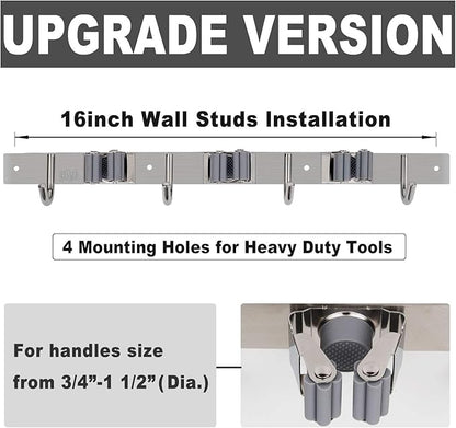 Broom Mop Holder Wall Mount Broom Hanger Wall Mounted Metal Organization Garage Storage Garden Kitchen Tool Organizer With 4 Racks and 5 Hooks (Silver, 1 Pack 3R4H)…