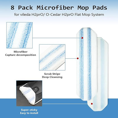8 Pack Replacement Pads for O Cedar H2prO Flat Mop System, Flat Pads for Ocedar Flat Mop System, Machine Washable/Reusable, Powerful Stain Removal, for Hardwood, Tile, Marble, Laminate Floors.