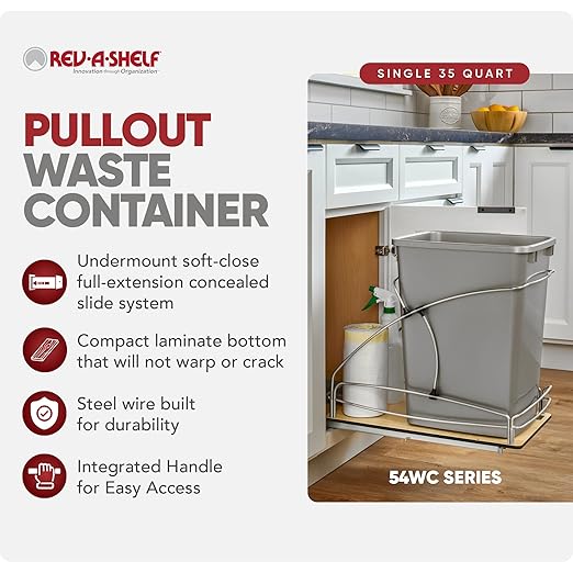 Rev-A-Shelf 35 Qt / 8.75 Gal Steel Bottom Mount Single Pullout Waste Container w/Soft-Close for Base Cabinets, Min Opening Width of 11", Silver, 54WC-1535SC-17-1