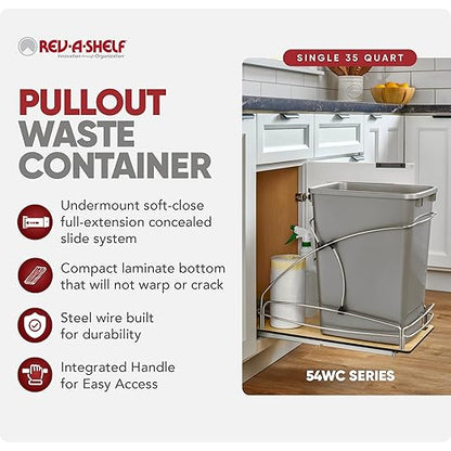 Rev-A-Shelf 35 Qt / 8.75 Gal Steel Bottom Mount Single Pullout Waste Container w/Soft-Close for Base Cabinets, Min Opening Width of 11", Silver, 54WC-1535SC-17-1