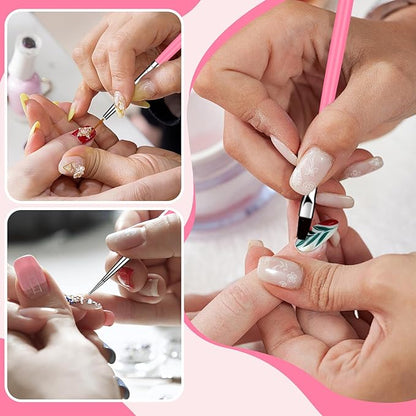 MUIIGOOD 15pcs Pink Nail Art Brushes Set Nail Pen Designer Acrylic Nail Art Gel Painting Brushes Tool Dust Brush,Striping Brushes Dotting Tools for Long Lines Fan Brush Gel Polish Nail Art Supplies