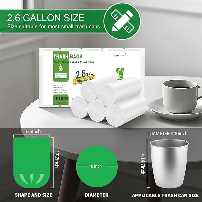 2.6 Gallon Small Trash Bags Bathroom - white Kitchen Mini Garbage Bags Biodegradable 200 Count Unscented Waste Basket Liners 10 Liter Tiny Office Car Strong Thick Bulk Acqkunlo
