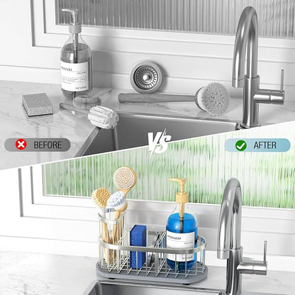 Sponge Holder for Kitchen Sink with High Brush Holder, [Stay-Dry Anywhere & No Drainage Needed] Rustproof Stainless Steel Kitchen Sink Caddy Organizer with Water Absorbing Stone Tray, Silver