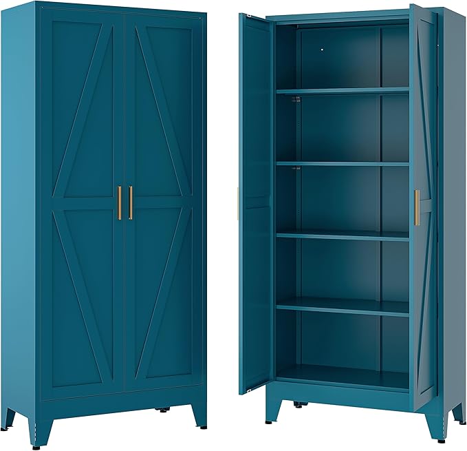 71" H Metal Storage Cabinets,Garage Cabinet,Broom Closet Storage Cabinet,Blue Storage Cabinets,Utility Cabinet
