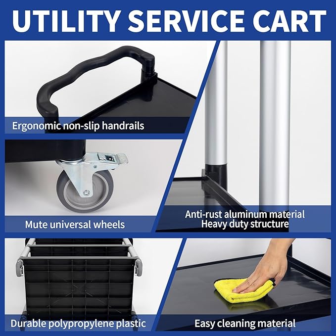 UNICOO® Heavy Duty 3-Tier Rolling Cart, Service Utility Cart on Wheels, 550lbs Capacity, Lockable & Silent Wheels, Anti-Rust, Easy Clean for Restaurant, Office, Dorm, Garage, Kitchen Storage
