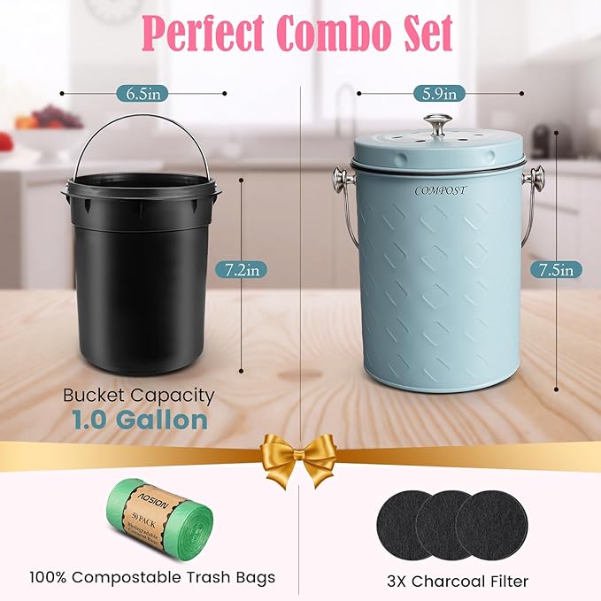 AOSION Countertop Compost Bin Kitchen,Odorless Indoor Compost Bin with Lid,Farmhouse Composter Container for Food Waste,Includes 2 Carbon Filters, Small Compost Bucket,Trash Bags (Modern, Blue)