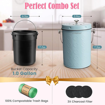 AOSION Countertop Compost Bin Kitchen,Odorless Indoor Compost Bin with Lid,Farmhouse Composter Container for Food Waste,Includes 2 Carbon Filters, Small Compost Bucket,Trash Bags (Modern, Blue)