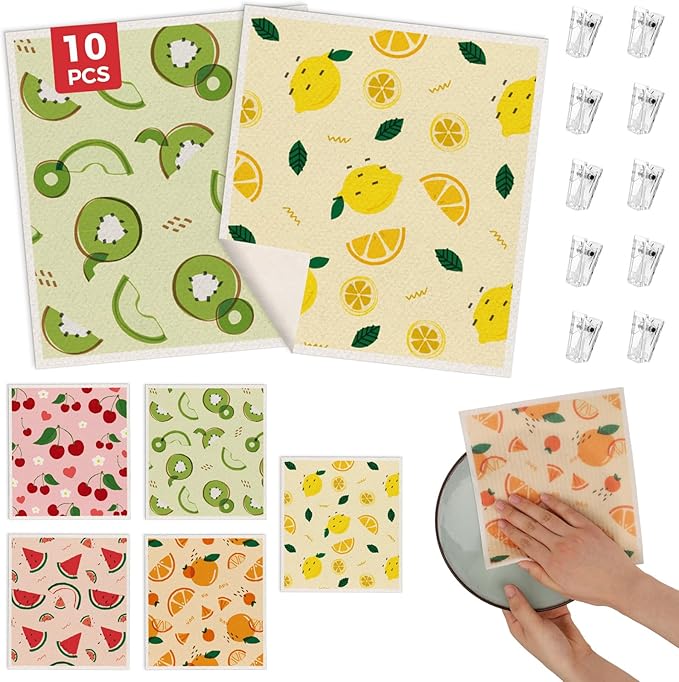 wlich 10PCS Swedish Dishcloths for Kitchen, Reusable Paper Towels Washable, Dish Rags for Washing Dishes with Clips, Non-Scratch Kitchen Towels and Dishcloths Sets, Dish Cloths, No Odor(Fruit)
