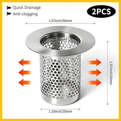 Bathroom Sink Drain Strainer, 304 Stainless Steel Hair Catcher for Bathtub Shower Floor Drain, Bathtub Drain Cover Strainer Basket Fit 1.1" to 1.97" Drain Hole (2PCS)